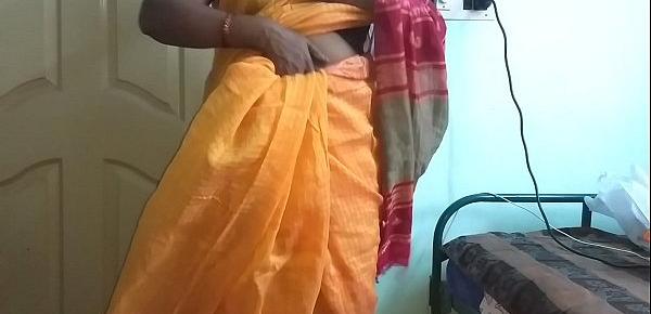  desi  indian horny tamil telugu kannada malayalam hindi cheating wife vanitha wearing orange colour saree  showing big boobs and shaved pussy press hard boobs press nip rubbing pussy masturbation